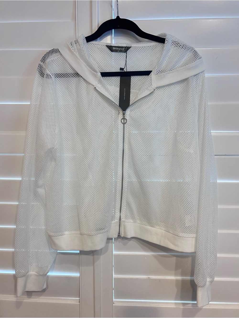 Allegra K Zip Up Mesh Hoodie White Size XL